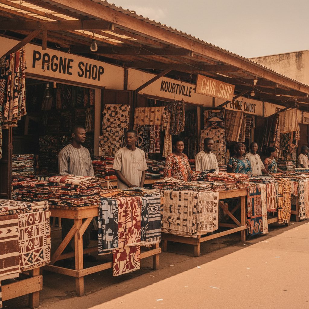 Étals de pagne et tissus dans un marché artisanal d'Abidjan