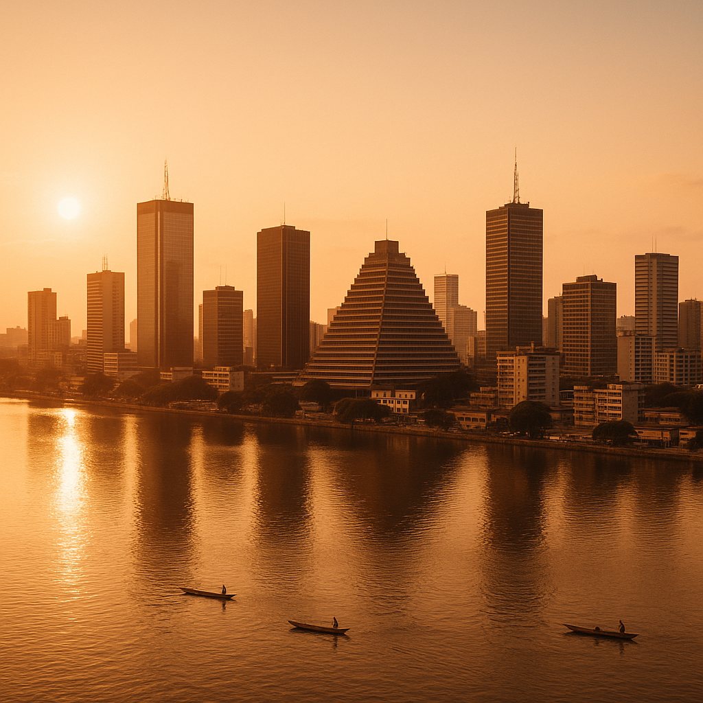 Vue aérienne d'Abidjan et de la lagune Ébrié à l'heure dorée